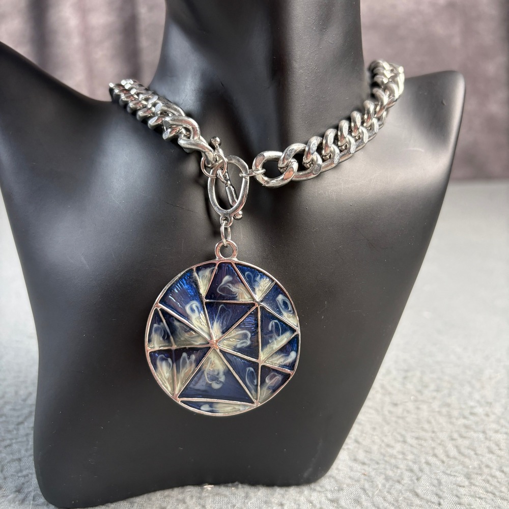 Blue Geometric Enamel Pendant Chunky Silver Tone Curb Chain Toggle Necklace 20in